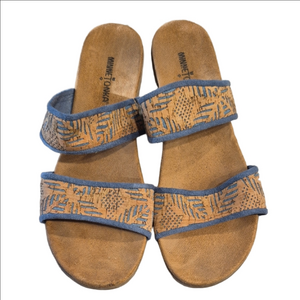Minnetonka Blue Suede And Cork Comfort Slide Sandals